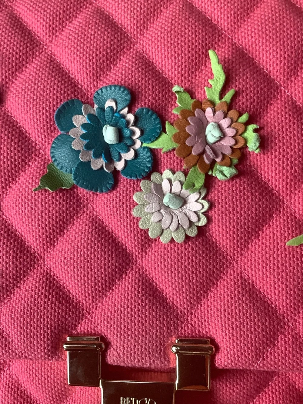 RED Valentino Quilted Hot Pink Floral-Appliqué Shoulder Bag with Gold Chain